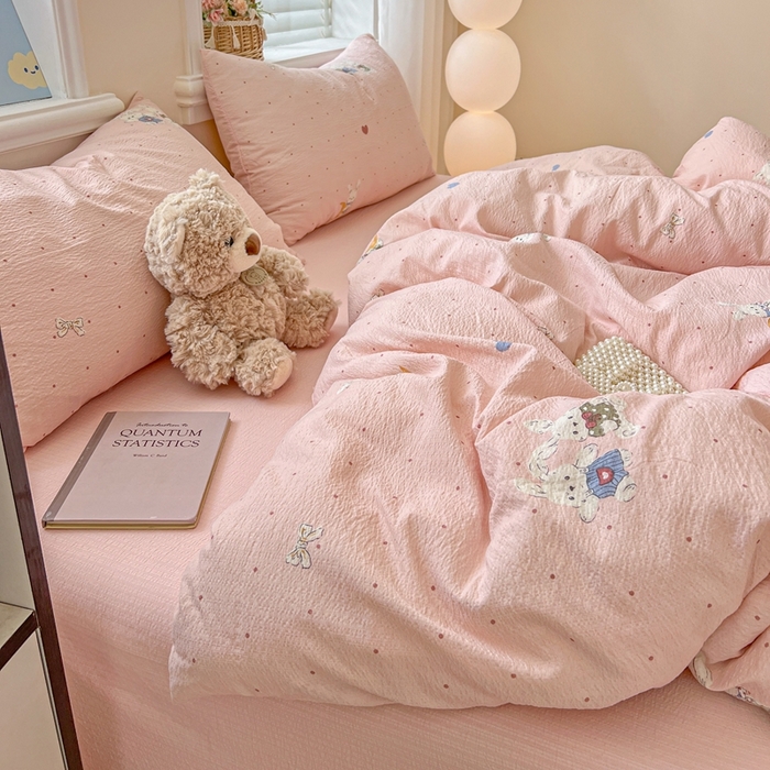 91家纺网 家纺一手货源 找家纺 典曼家纺 2025新款云感皱皱双层纱四件套-简单款 波点小兔粉