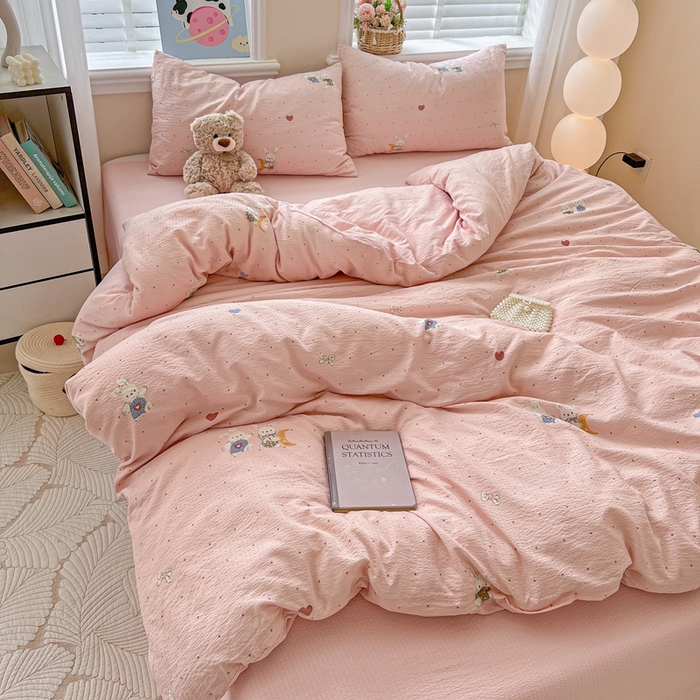 91家纺网 家纺一手货源 找家纺 典曼家纺 2025新款云感皱皱双层纱四件套-简单款 波点小兔粉