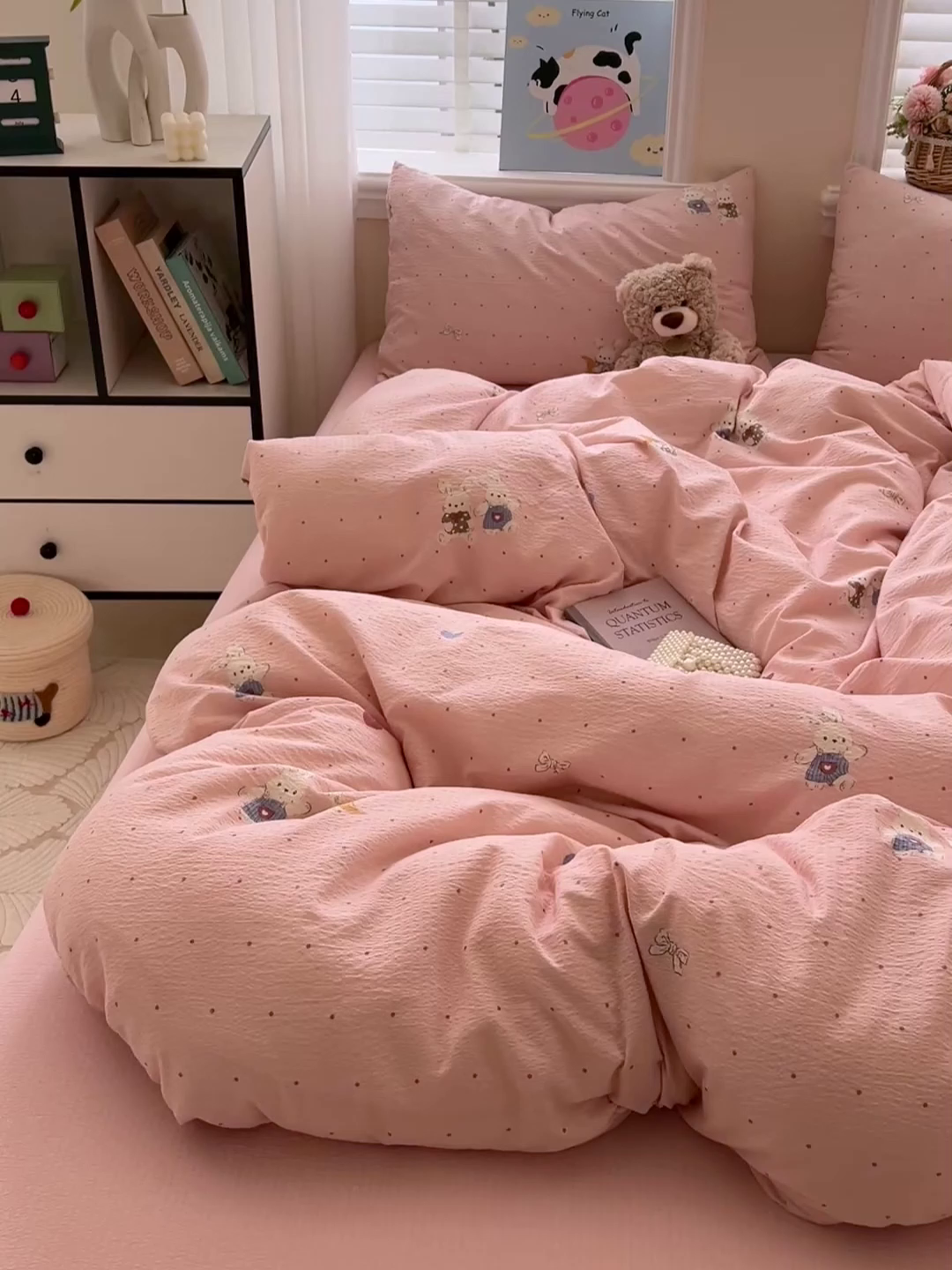 91家纺网 家纺一手货源 找家纺 典曼家纺 2025新款云感皱皱双层纱四件套-简单款 波点小兔粉