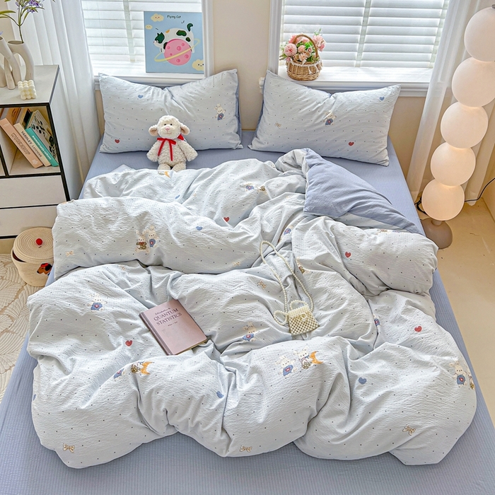 91家纺网 家纺一手货源 找家纺 典曼家纺 2025新款云感皱皱双层纱四件套-简单款 波点小兔蓝