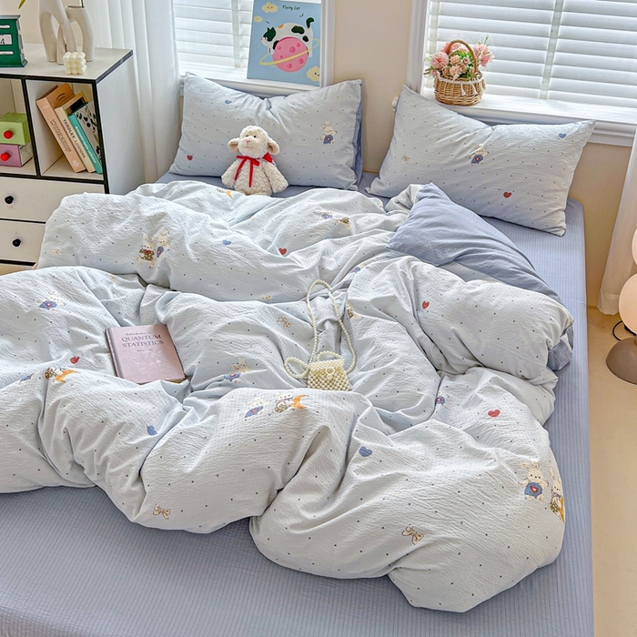 91家纺网 家纺一手货源 找家纺 典曼家纺 2025新款云感皱皱双层纱四件套-简单款 波点小兔蓝