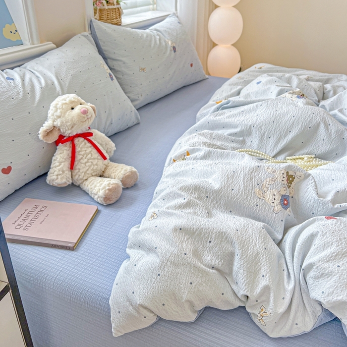 91家纺网 家纺一手货源 找家纺 典曼家纺 2025新款云感皱皱双层纱四件套-简单款 波点小兔蓝