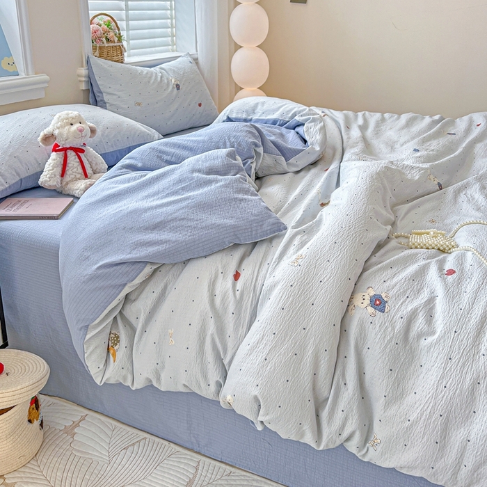 91家纺网 家纺一手货源 找家纺 典曼家纺 2025新款云感皱皱双层纱四件套-简单款 波点小兔蓝