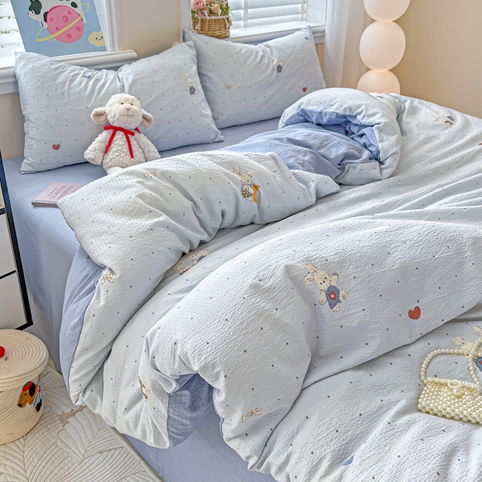 91家纺网 家纺一手货源 找家纺 典曼家纺 2025新款云感皱皱双层纱四件套-简单款 波点小兔蓝