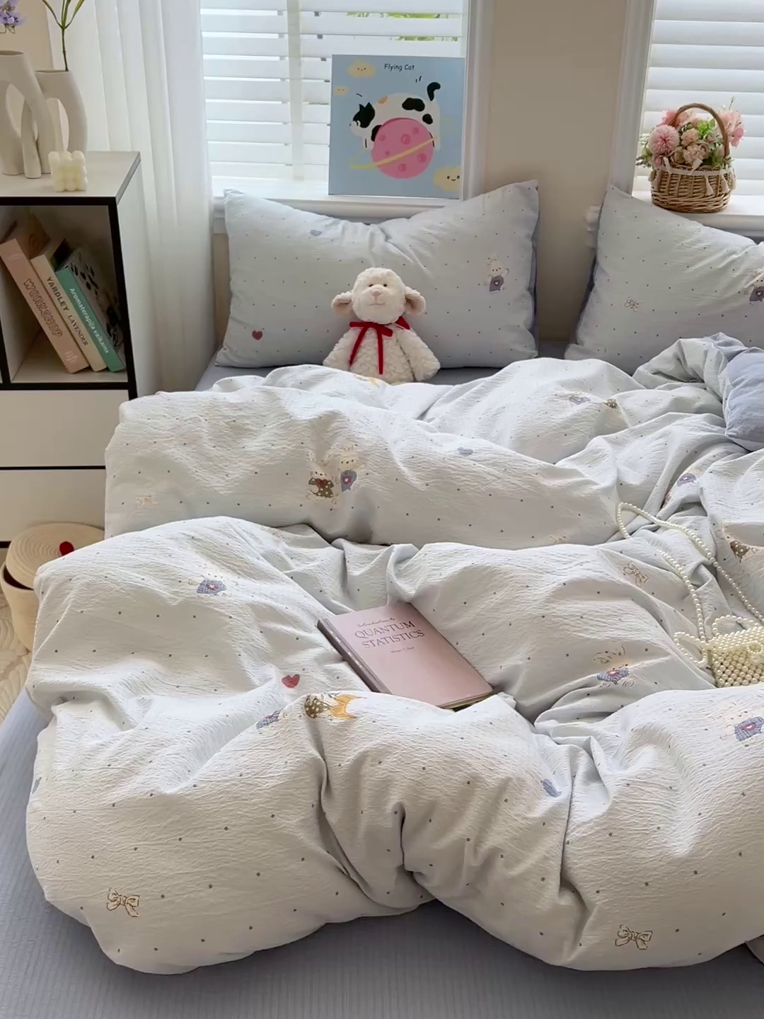 91家纺网 家纺一手货源 找家纺 典曼家纺 2025新款云感皱皱双层纱四件套-简单款 波点小兔蓝