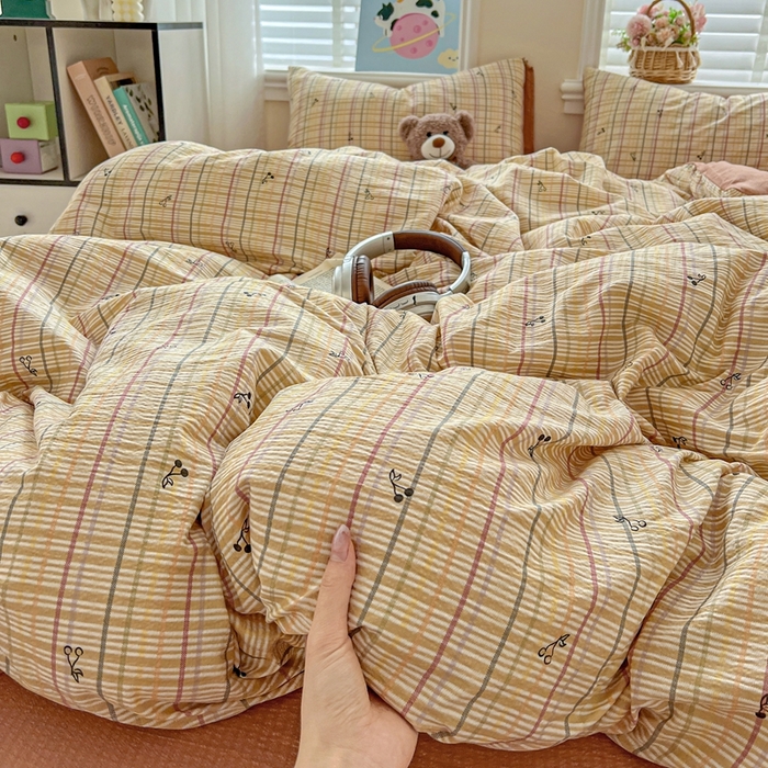 典曼家纺 2025新款云感皱皱双层纱四件套-简单款 格子樱桃
