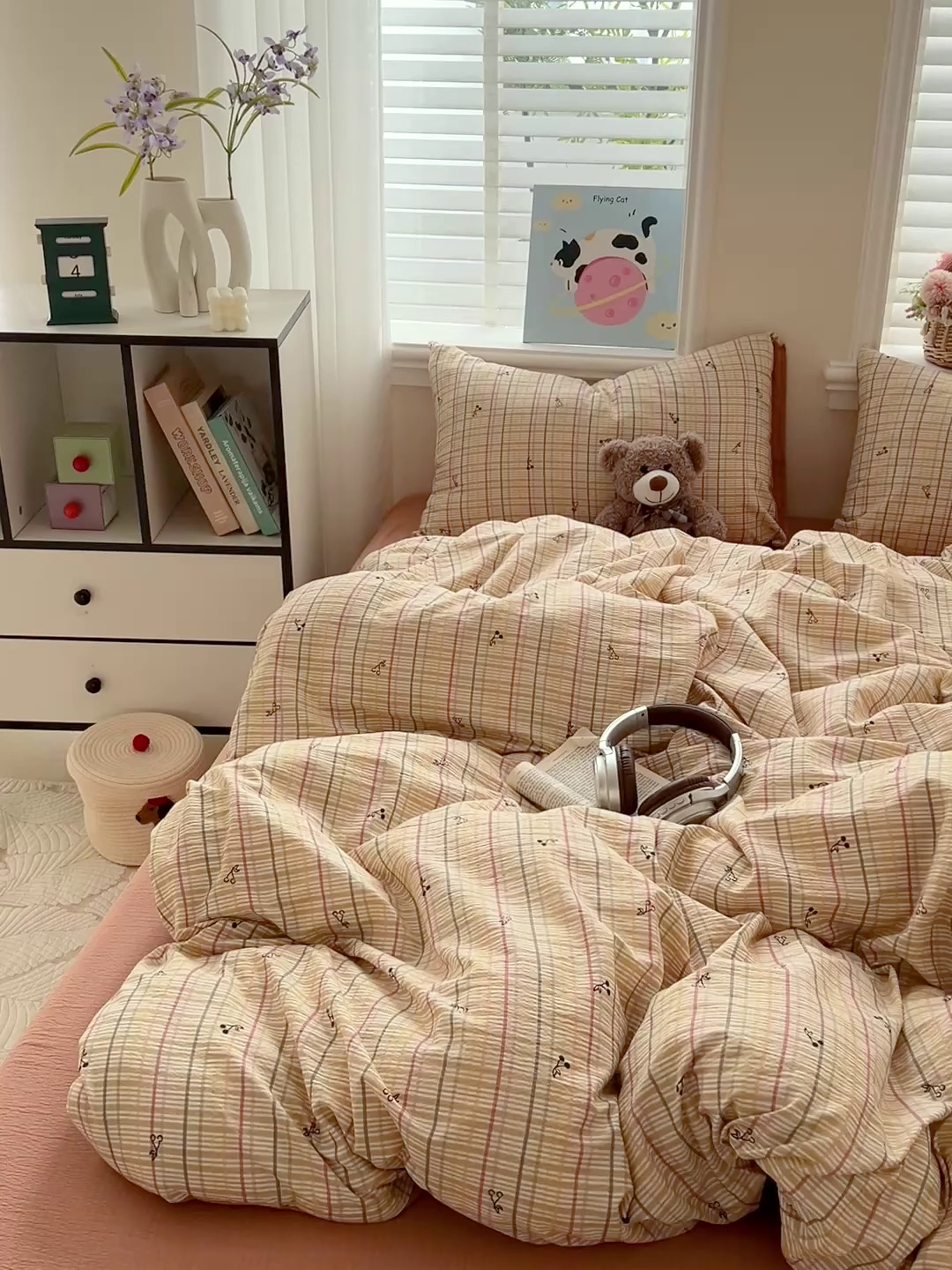 91家纺网 家纺一手货源 找家纺 典曼家纺 2025新款云感皱皱双层纱四件套-简单款 格子樱桃