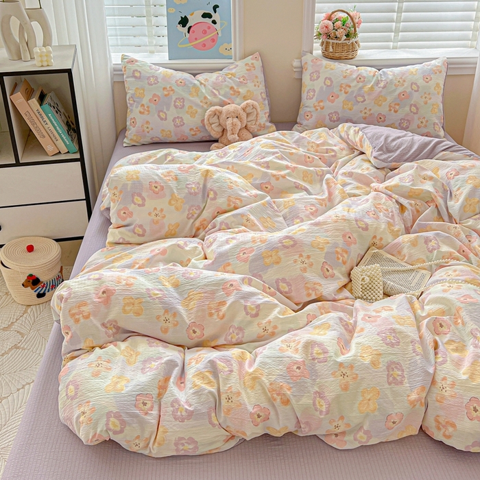 91家纺网 家纺一手货源 找家纺 典曼家纺 2025新款云感皱皱双层纱四件套-简单款 花海紫