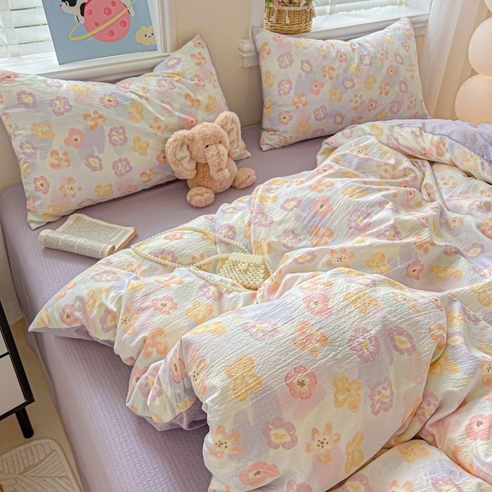 91家纺网 家纺一手货源 找家纺 典曼家纺 2025新款云感皱皱双层纱四件套-简单款 花海紫