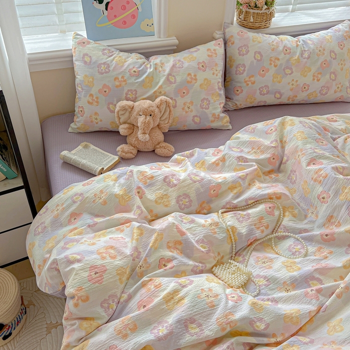 91家纺网 家纺一手货源 找家纺 典曼家纺 2025新款云感皱皱双层纱四件套-简单款 花海紫