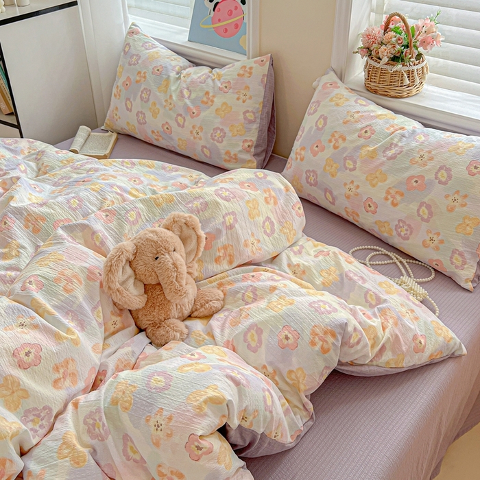 91家纺网 家纺一手货源 找家纺 典曼家纺 2025新款云感皱皱双层纱四件套-简单款 花海紫