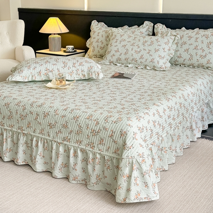 91家纺网 家纺一手货源 找家纺 梓之赫2025新款木棉皱皱纱床盖款三件套四件套 秋实-绿