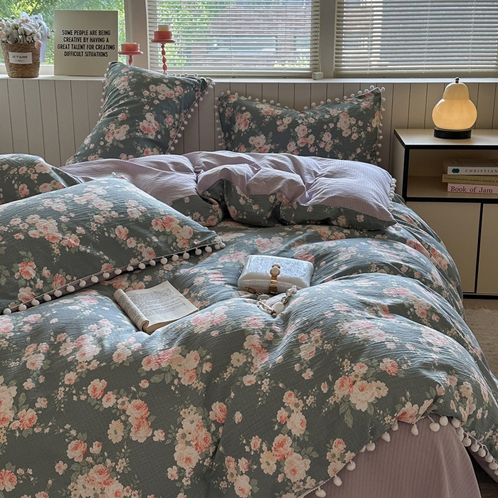 91家纺网 家纺一手货源 找家纺 缘生活 2025新款皱皱纱毛球球流苏四件套 皱皱纱球球流苏-花簇