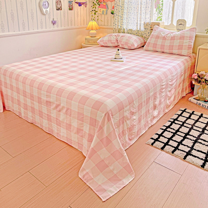 91家纺网 家纺一手货源 找家纺 繁花家居 2025软爆高克重水洗棉床单床笠单件 学生季跑量款 粉方格