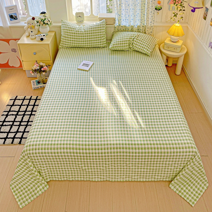 91家纺网 家纺一手货源 找家纺 繁花家居 2025软爆高克重水洗棉床单床笠单件 学生季跑量款 苹果绿格