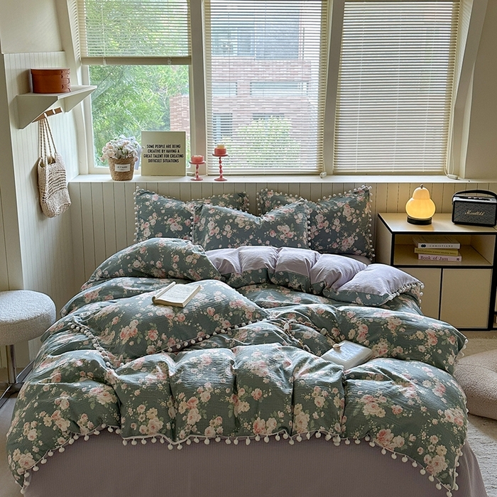 91家纺网 家纺一手货源 找家纺 缘生活 2025新款皱皱纱毛球球流苏四件套 皱皱纱球球流苏-花簇