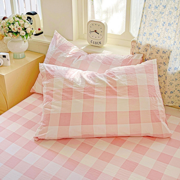 91家纺网 家纺一手货源 找家纺 繁花家居 2025软爆高克重水洗棉床单床笠单件 学生季跑量款 粉方格