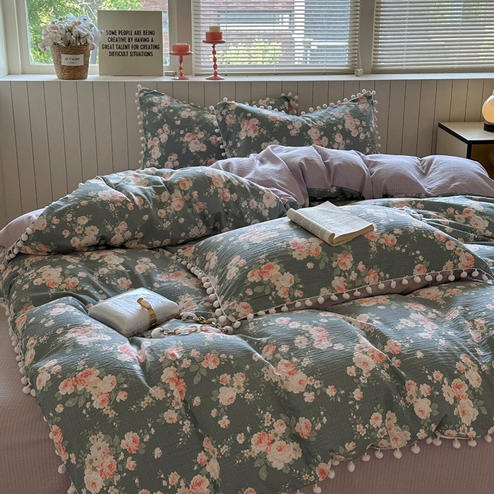 91家纺网 家纺一手货源 找家纺 缘生活 2025新款皱皱纱毛球球流苏四件套 皱皱纱球球流苏-花簇