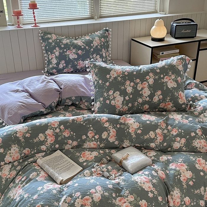 91家纺网 家纺一手货源 找家纺 缘生活 2025新款皱皱纱毛球球流苏四件套 皱皱纱球球流苏-花簇