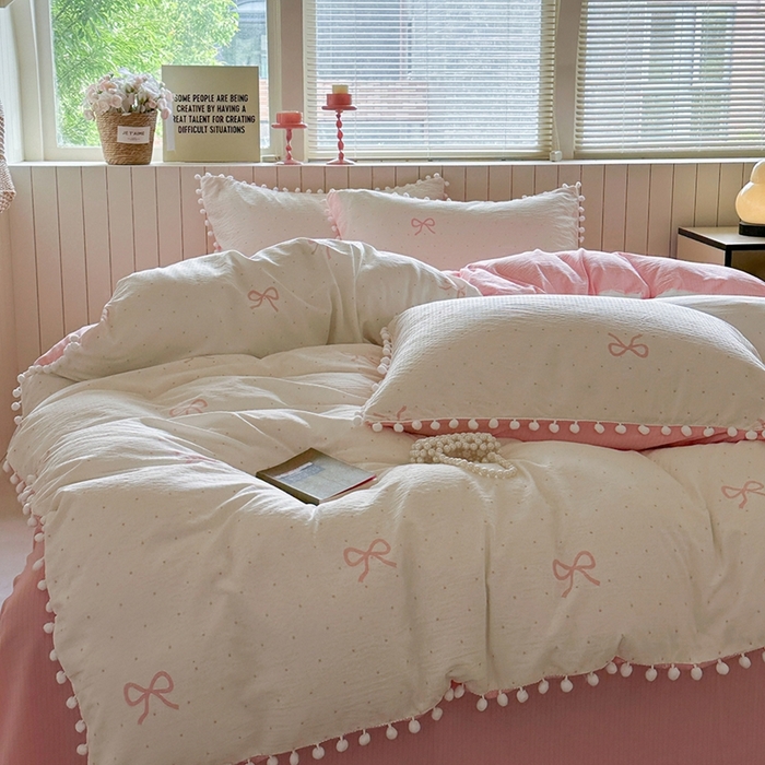 91家纺网 家纺一手货源 找家纺 （总）缘生活 2025新款皱皱纱毛球球流苏四件套