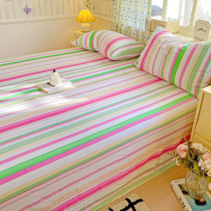91家纺网 家纺一手货源 找家纺 繁花家居 2025软爆高克重水洗棉床单床笠单件 学生季跑量款 彩虹条