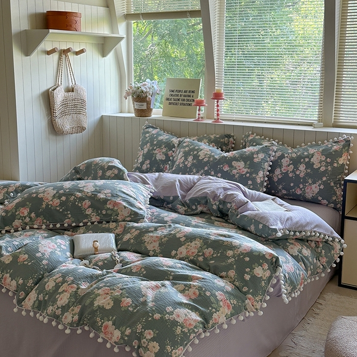 91家纺网 家纺一手货源 找家纺 缘生活 2025新款皱皱纱毛球球流苏四件套 皱皱纱球球流苏-花簇