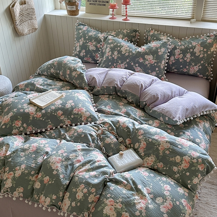 91家纺网 家纺一手货源 找家纺 缘生活 2025新款皱皱纱毛球球流苏四件套 皱皱纱球球流苏-花簇