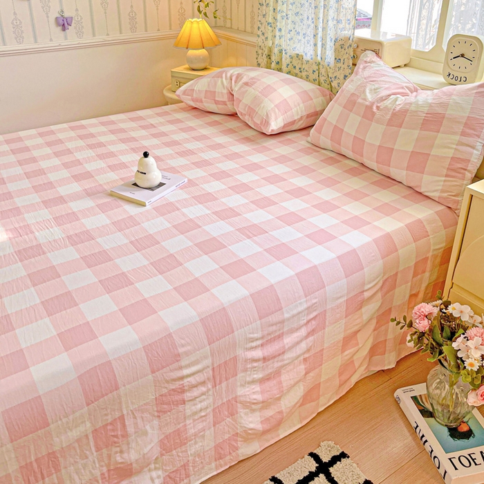 91家纺网 家纺一手货源 找家纺 繁花家居 2025软爆高克重水洗棉床单床笠单件 学生季跑量款 粉方格