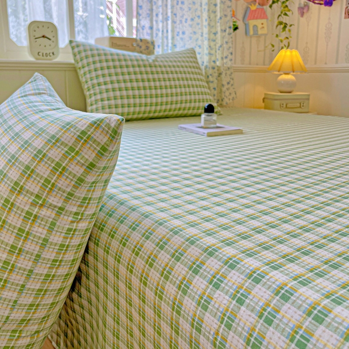 91家纺网 家纺一手货源 找家纺 繁花家居 2025软爆高克重水洗棉床单床笠单件 学生季跑量款 苹果绿格