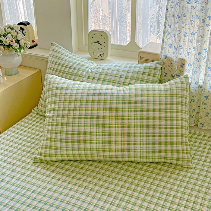 91家纺网 家纺一手货源 找家纺 繁花家居 2025软爆高克重水洗棉床单床笠单件 学生季跑量款 苹果绿格