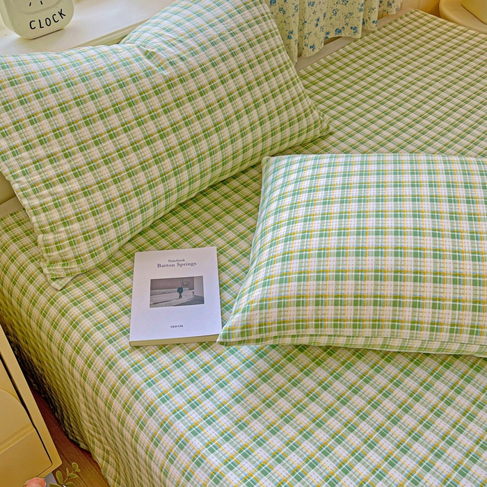 91家纺网 家纺一手货源 找家纺 繁花家居 2025软爆高克重水洗棉床单床笠单件 学生季跑量款 苹果绿格