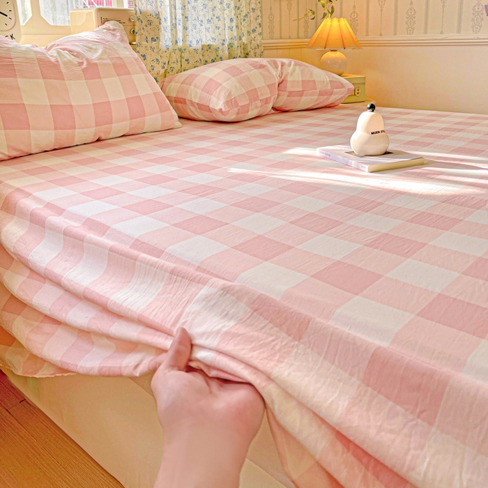 91家纺网 家纺一手货源 找家纺 繁花家居 2025软爆高克重水洗棉床单床笠单件 学生季跑量款 粉方格