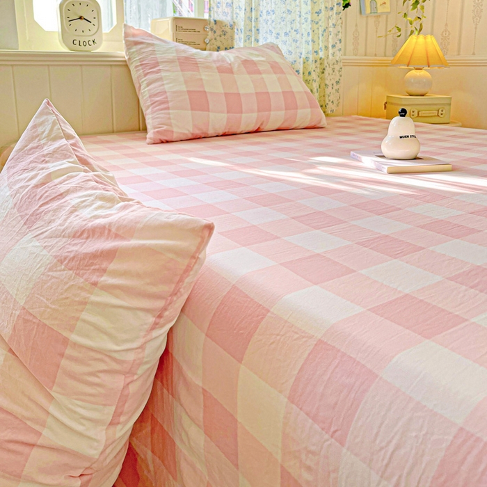 91家纺网 家纺一手货源 找家纺 繁花家居 2025软爆高克重水洗棉床单床笠单件 学生季跑量款 粉方格