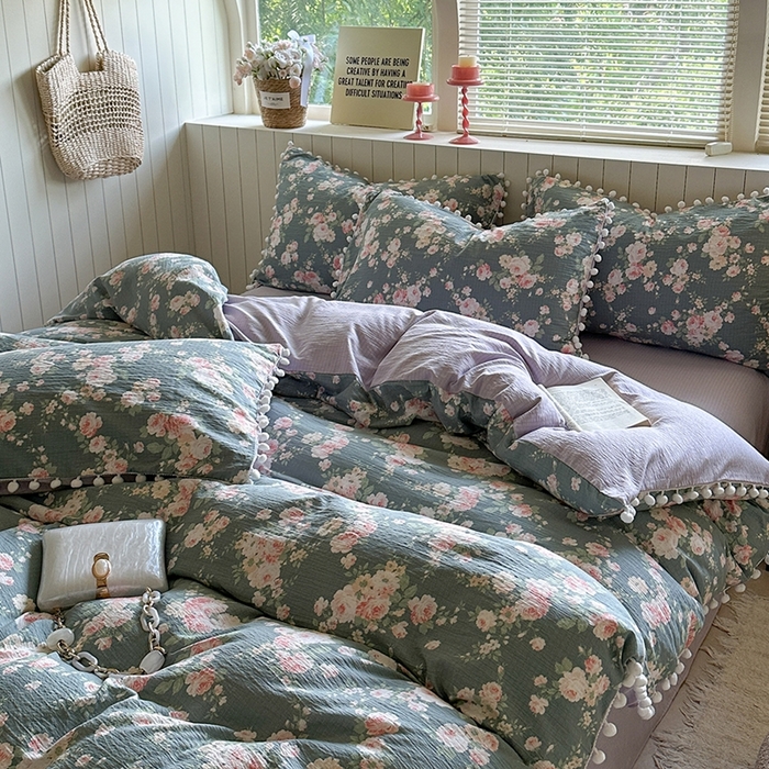 91家纺网 家纺一手货源 找家纺 缘生活 2025新款皱皱纱毛球球流苏四件套 皱皱纱球球流苏-花簇