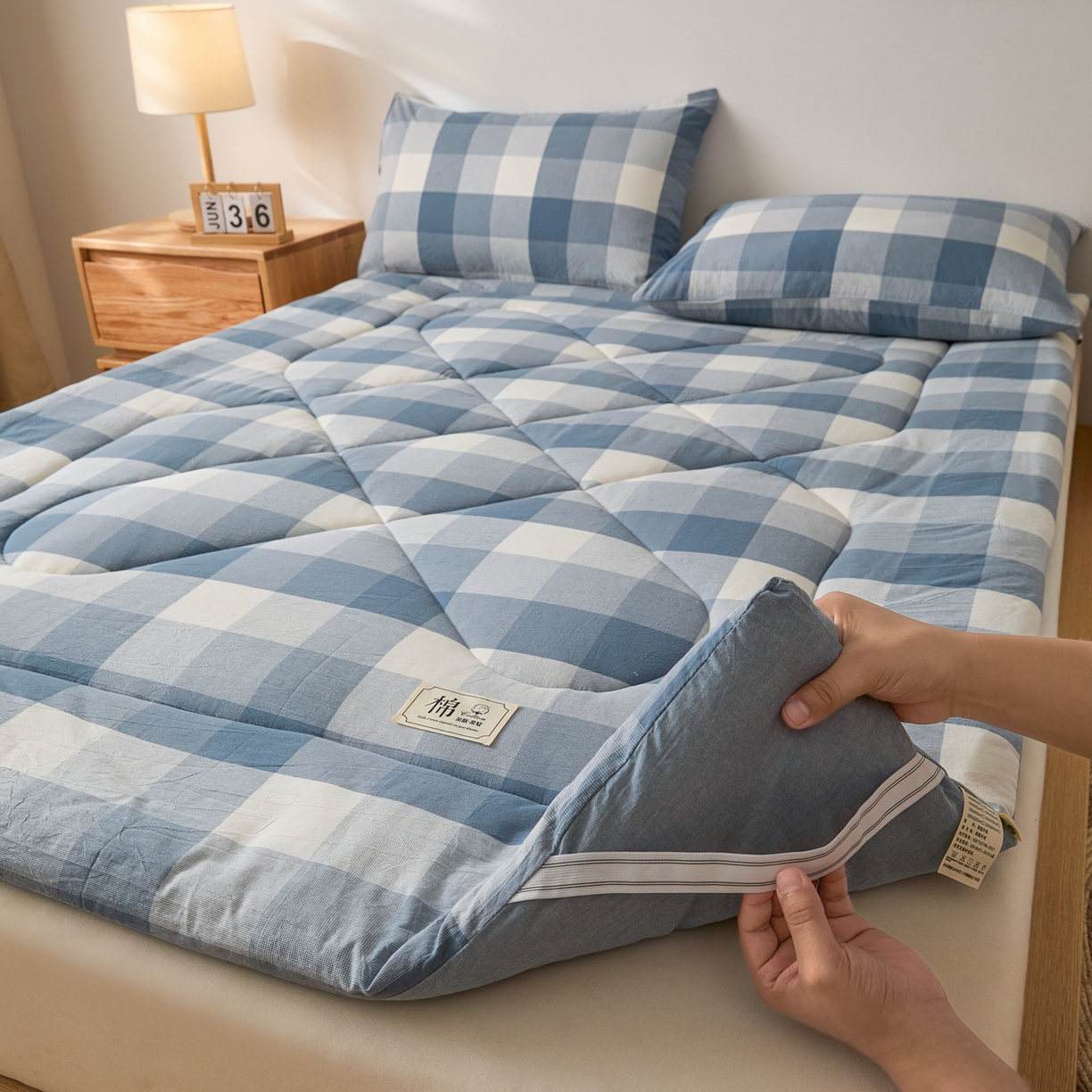 91家纺网 家纺一手货源 找家纺 爱屋及屋 2025新款无印风四季款棉花床垫 蓝中格