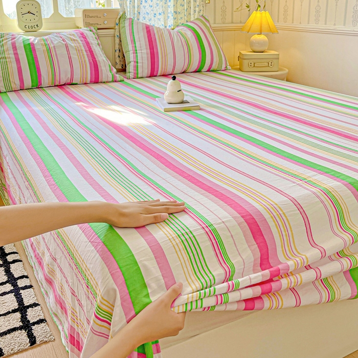 91家纺网 家纺一手货源 找家纺 繁花家居 2025软爆高克重水洗棉床单床笠单件 学生季跑量款 彩虹条