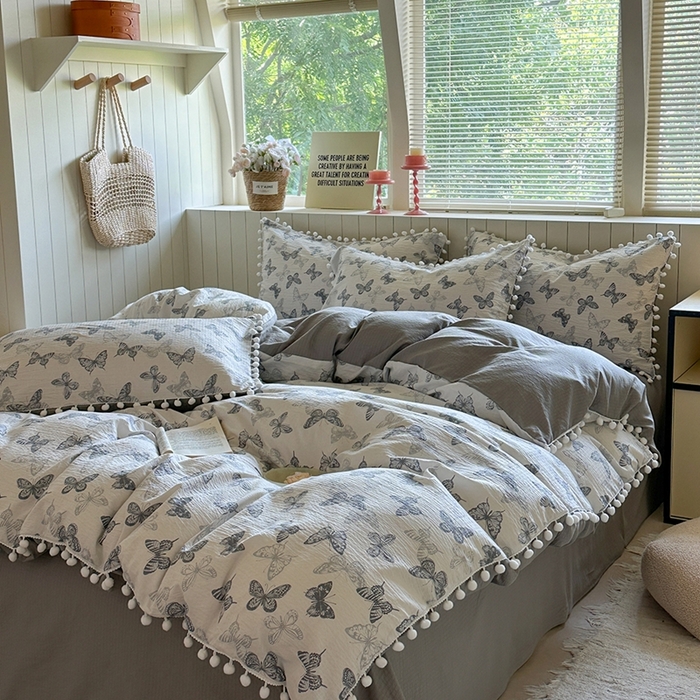 91家纺网 家纺一手货源 找家纺 缘生活 2025新款皱皱纱毛球球流苏四件套 皱皱纱球球流苏-蝴蝶-蓝