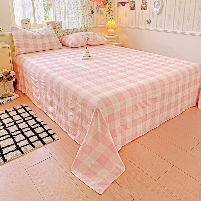 91家纺网 家纺一手货源 找家纺 繁花家居 2025软爆高克重水洗棉床单床笠单件 学生季跑量款 粉方格