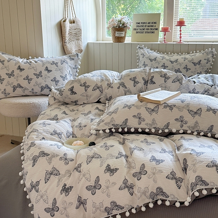 91家纺网 家纺一手货源 找家纺 缘生活 2025新款皱皱纱毛球球流苏四件套 皱皱纱球球流苏-蝴蝶-蓝