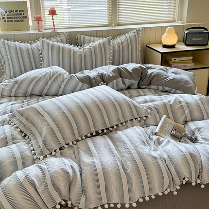 缘生活 2025新款皱皱纱毛球球流苏四件套 皱皱纱球球流苏-绅士条纹