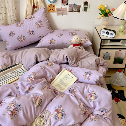 91家纺网 家纺一手货源 找家纺 （总）源莱 2025开学季小清新卡通时尚印花水洗双层纱四件套