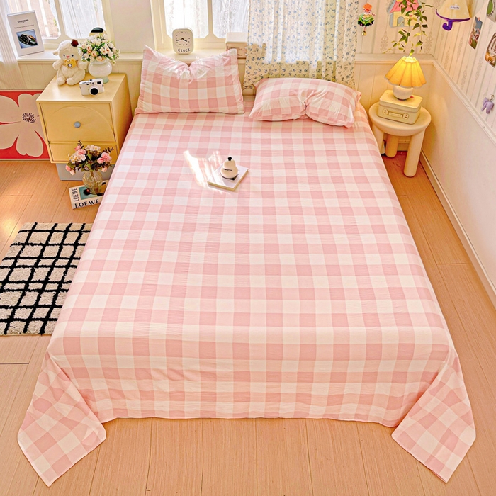 91家纺网 家纺一手货源 找家纺 繁花家居 2025软爆高克重水洗棉床单床笠单件 学生季跑量款 粉方格