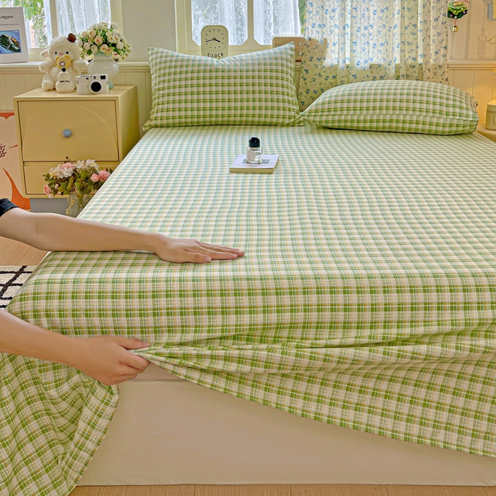 91家纺网 家纺一手货源 找家纺 繁花家居 2025软爆高克重水洗棉床单床笠单件 学生季跑量款 苹果绿格