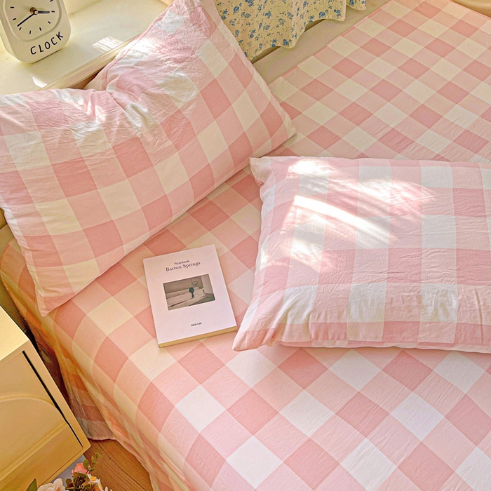 91家纺网 家纺一手货源 找家纺 繁花家居 2025软爆高克重水洗棉床单床笠单件 学生季跑量款 粉方格