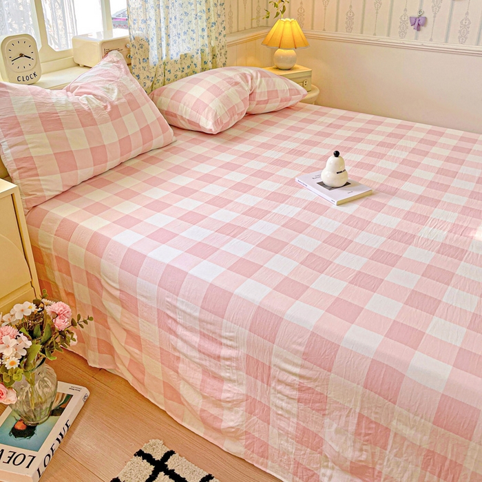 91家纺网 家纺一手货源 找家纺 繁花家居 2025软爆高克重水洗棉床单床笠单件 学生季跑量款 粉方格