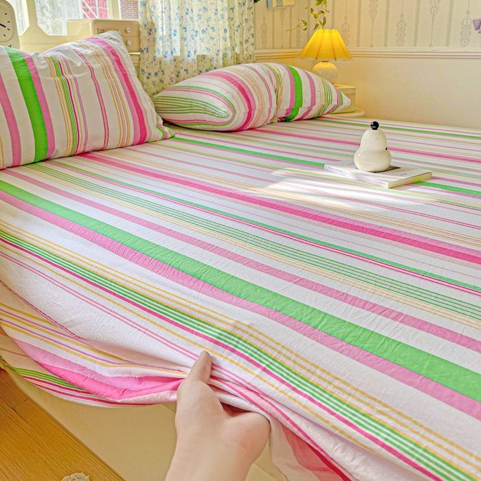 91家纺网 家纺一手货源 找家纺 繁花家居 2025软爆高克重水洗棉床单床笠单件 学生季跑量款 彩虹条