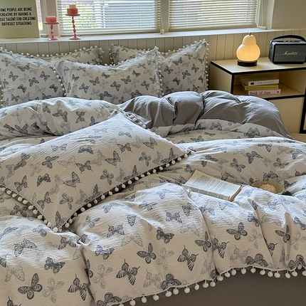 91家纺网 家纺一手货源 找家纺 缘生活 2025新款皱皱纱毛球球流苏四件套 皱皱纱球球流苏-蝴蝶-蓝