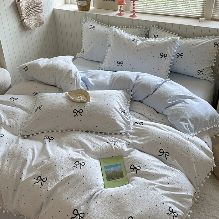 91家纺网 家纺一手货源 找家纺 缘生活 2025新款皱皱纱毛球球流苏四件套 皱皱纱球球流苏-蝴蝶结黑