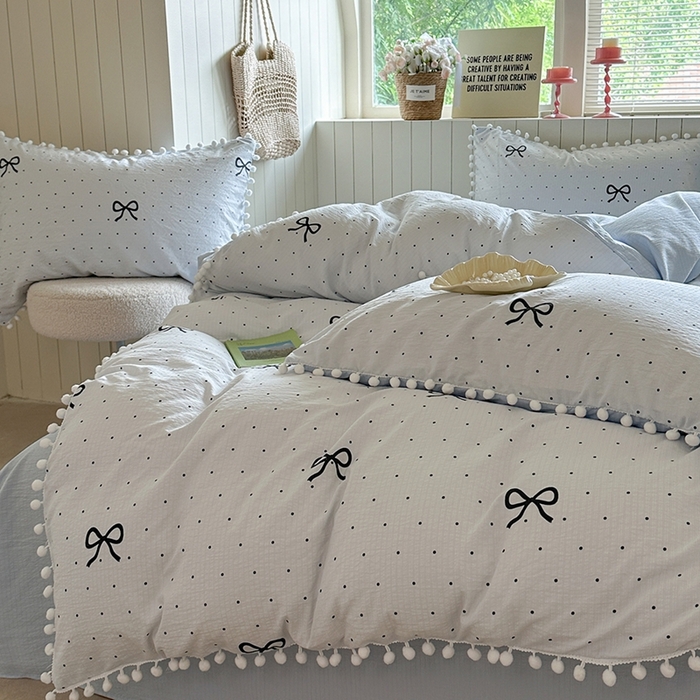 91家纺网 家纺一手货源 找家纺 缘生活 2025新款皱皱纱毛球球流苏四件套 皱皱纱球球流苏-蝴蝶结黑