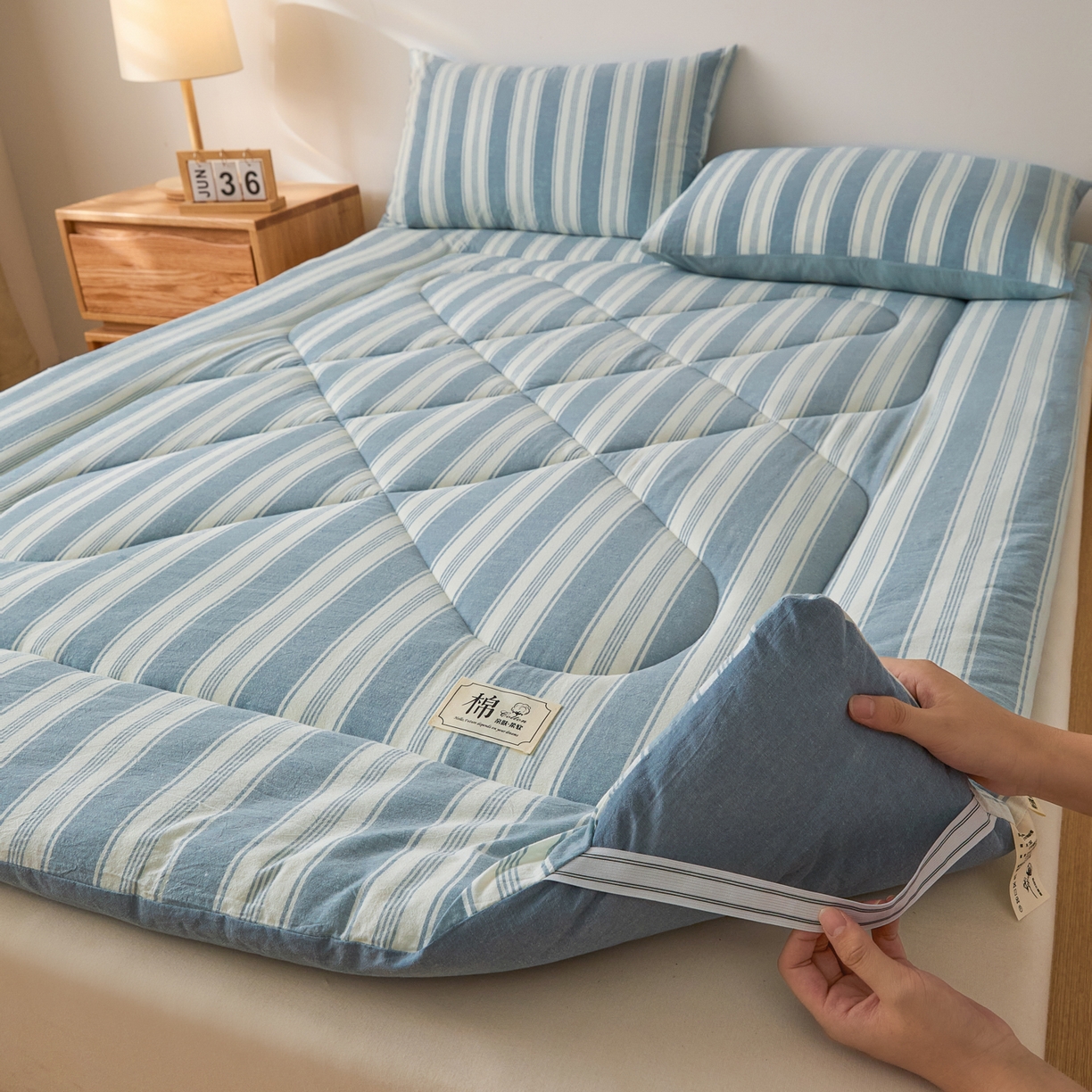 91家纺网 家纺一手货源 找家纺 爱屋及屋 2025新款无印风四季款棉花床垫 左岸蓝
